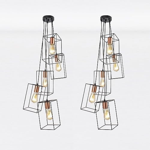 Pair of Matt Black 5 Light Hanging Pendant Light Fittings Modern Black Wire Frame Design with Copper Details LED Compatible