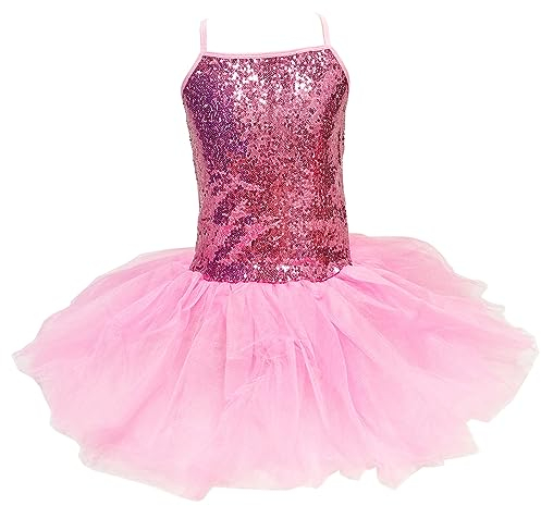 ZUYPSK Mädchen Kleid Ballettkleid Kinder Ballett Trikot Ballettanzug mit Tütü Röckchen Pailletten Kleid (110-116, Rosa)