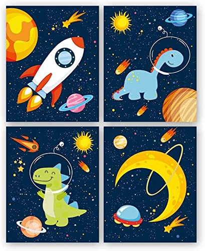 EXQULEG 4er Set Kinderzimmer Bilder,Kinder Wandbild Weltraum,Astronaut Rakete Poster,Planeten Poster Jungenzimmer,für Kinder Junge Mädchen DIN A4 ohne Rahmen (A)