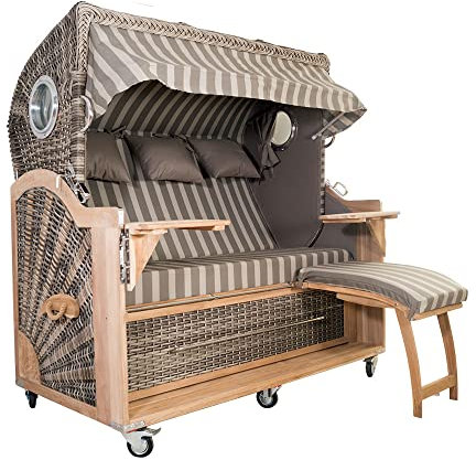 Strandkorb Kampen Spezial 3-Sitzer White Oak Set 15 inkl. Industrierollen und Hydraulikdämpfer