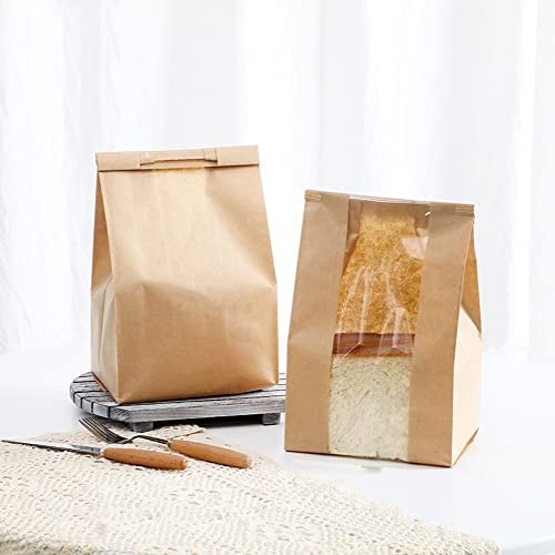 DZOZO 50 Pcs Paper Bread Loaf Bag Bread Poly Bags Kraft Food Packaging Bags Storage Bakery Bag with Front Window Bread Toast Bags Bread Bakery Bags Bread Loaf Packing Bags