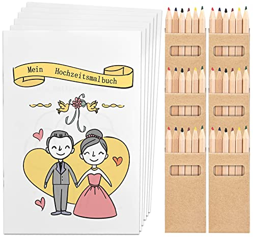 6 Hochzeitsmalbücher für Kinder mit 36 Buntstiften – Kinderbeschäftigung zur Hochzeit, Perfekte Gastgeschenke & Hochzeitsdeko für die kleinen Gäste