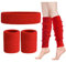 ONUPGO Beinlinge Set Damen 80er Neon Strick Beinlinge Stirnband Armbänder 1980er Jahre Workout Kostüme Zubehör für Frauen (Red)