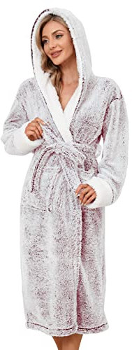 UMIPUBO Accappatoio Donna Vestaglia Donna Invernale Pile Morbido Accappatoio con Cappuccio Pyjama Kimono Camice da Notte con 2 tasche, Morbido Loungewear Vestaglia da Camera (Vino rosso, M)
