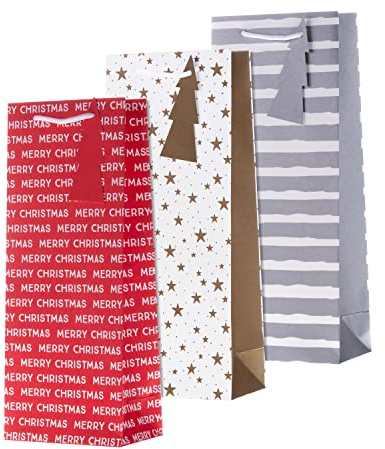 Hallmark Christmas Bottle Bag, Pack of 3, Red, Silver and Gold