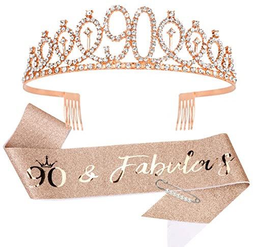 VoVii 90 Geburtstag Dekorationen für Frauen 90 Geburtstag Schärpe und Tiara 90 Geburtstag Roségold Krone für Frauen Geburtstag Party
