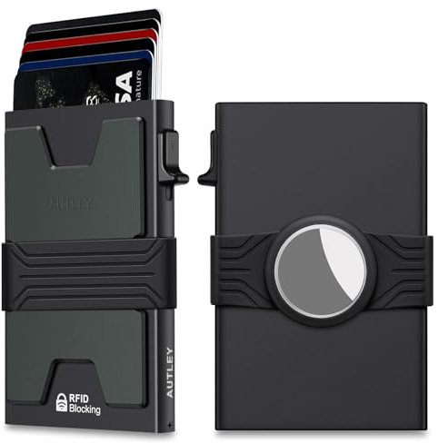 AUTLEY Herren Aluminium Slim RFID Blocking Pop Up Card Wallet mit Airtag Halter Minimalistisches Design Schwarz