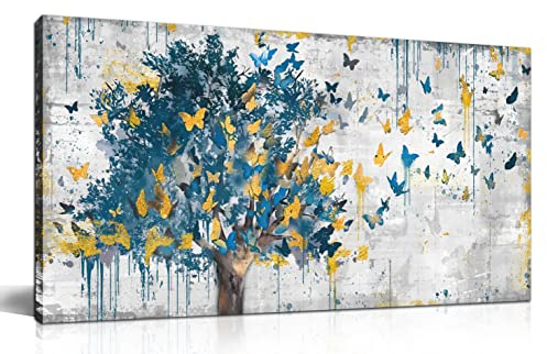 Kepgonegu Große Leinwand-Kunst, blauer Baum, goldene Schmetterlinge, abstraktes graues Graffiti-Leinwanddruck, fertig zum Aufhängen, für Wohnzimmer Schlafzimmer, Größe 50 x 101 cm