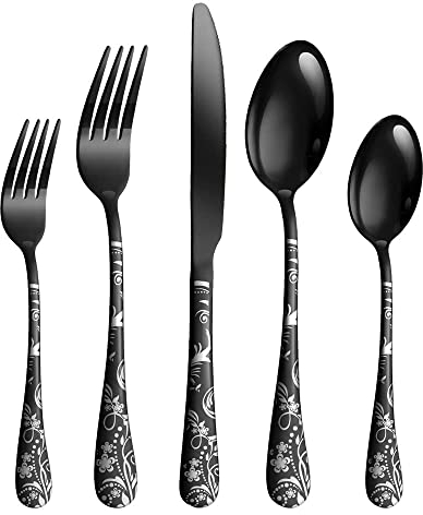 Schwarzes Besteckset Besteck Set mit Steakmesser für 24, ESSONIO 120 Stück Edelstahl Messer und Gabeln und Löffel Sets, einzigartiges Muster Design, Spiegel poliert und spülmaschinenfest