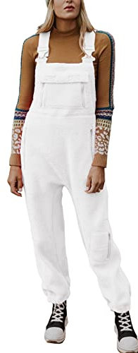 Ebifin Tuta da donna casual, salopette da lavoro, in pile, calda, con tasche., bianco, L