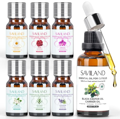 SAVILAND Ätherische Öle Set: 50ml Rizinusöl Bio 6x10ml Naturrein Nagelöl Cuticle Oil für Pflege Rissige Nägel Stärkt Nagelhaut, Rose Kamille Jasmin Lavendel Teebaum Orchidee Mit Vitamin E Nagelhautöl