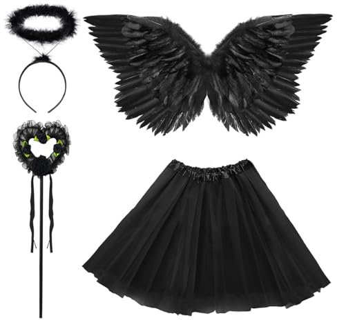Disfraz de ángel de diablo para mujer, negro, falda tutú, alas de ángel, halo y varita mágica, disfraz de vuelo de ángel, disfraz de Halloween, carnaval, fiesta, cosplay, alas de hadas para adultos