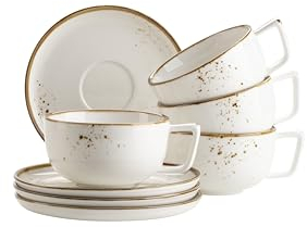 MÄSER Série Pintar Lot de 8 tasses à café de qualité supérieure pour 4 personnes, avec vernis clair, taches marron visuelles et bord fin au look vintage fait à la main, porcelaine