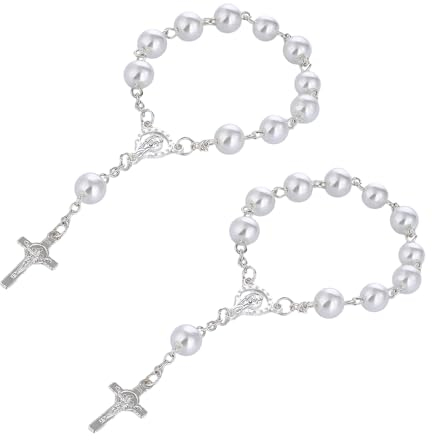 2 Stück Perlenkreuzkette, Autospiegel-Anhänger, Autozubehör, Hängendes Kreuz, Autokette, Mini-Rosenkranz, Personalisiertes Auto-Interieur, Autospiegel-Aufhängung (Weiß)