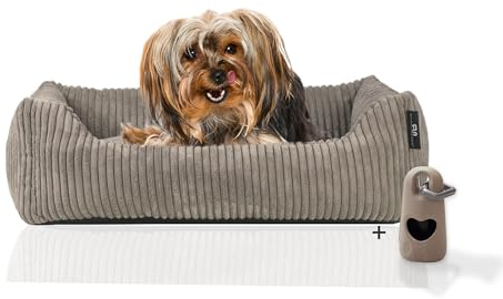 Rohrschneider Hundebett waschbar für kleine und mittelgroße Hunde mit Hundekissen Cord (ca. 55 x 42 cm) inkl. Gassibeutel (Taupe 55 cm, Cordstoff breit)