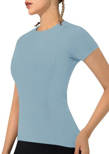 IECCP Sport Tshirt Damen Fitness Leichtes Atmungsaktiv Funktions Sport Tops FüR Damen Rundhals Sport Shirts Passend für Fitness Laufshirt Yoga grau Blau S