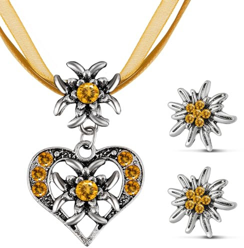 Patelai 3 Stück Trachtenschmuck Set Bayerisch Dirndlschmuck Trachtenkette mit Strass Edelweiß Herz Anhänger und Edelweiß Ohrstecker für Damen Bierfest Trachten Dirndl Outfit Accessoires (Gold)