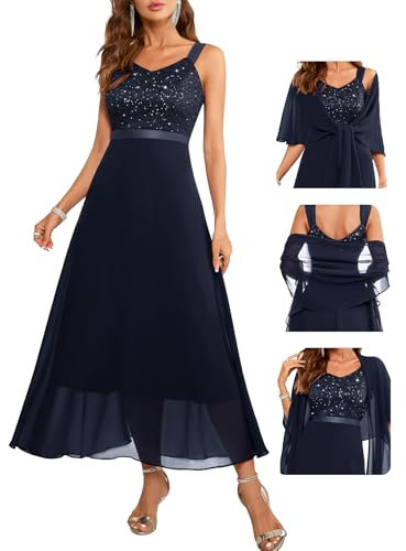 Berylove Abendkleider Elegant Für Hochzeit Abiballkleider Lang Kleider Für Hochzeitsgäste Etuikleid Damen Festliches Outfit Damen Marineblau Kleid BLP7079 Navy L