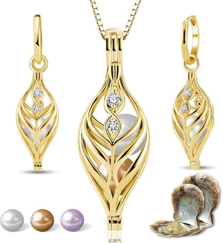 Wunschperlen Dualis Set mit echten Perlen in Auster zum Öffnen, Gold Kette und Ohrringe mit 4x Natürlicher Perlenfarbe
