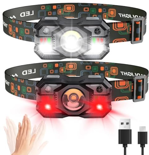 stirnlampe led aufladbar 900 Lumens Superhell Sensor Stirnlampe mit Rotlicht IPX5 Wasserdicht Kopflampe Perfekt zum Joggen, Campen, Angeln (2 Stück)