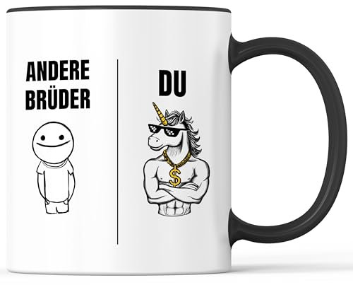 Tasse mit Spruch Einhorn cooler Bruder Becher andere Brüder - lustiges Geschenk - Kaffeebecher als Geschenkidee - Kaffeetasse 330ml - Weiss-Schwarz