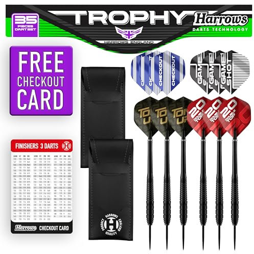Harrows Trophy 65 Stück Dart-Set - High Performance 12 x Steel Tip Darts mit Premium Grip - Ultimatives Bundle mit vollem Dartzubehör - Supergrip Dart-Schäfte - Super Strong Dart Flights (25 Stück)