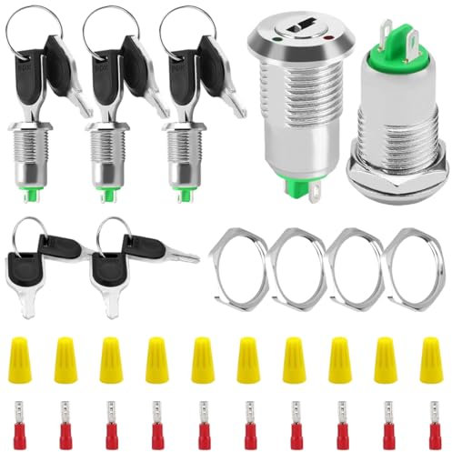 MKBKLLJY 5 Stück 12 mm EIN/AUS-Schlüsselschalter aus Metall Mini-Schlüsselschalter Zündstartschalter 2-polig SPST 3A 250V AC/5A 125 V AC mit 2,8-poliger Anschlusskappe für Elektrofahrräder Gokarts