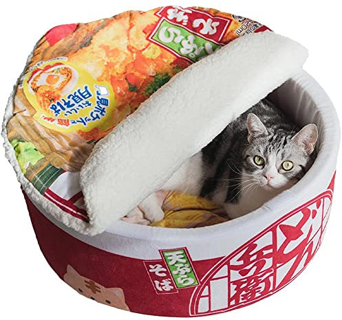 Haowul Noodle Bowl Shaped Pet Bed with Cover, Enclosed Cat Bed for Indoor Cats and Small Dogs, Detachable Dog Bed, All-season General Pet Bed, Warm Puppy Bed