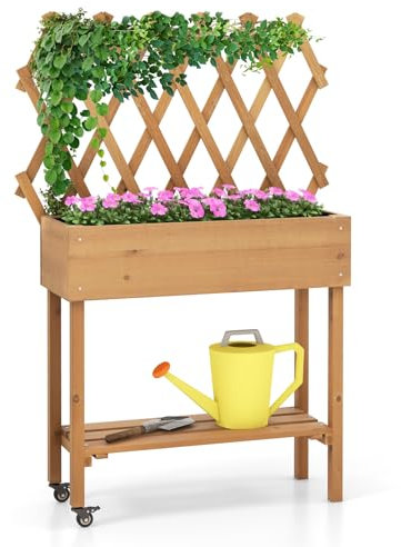 COSTWAY Hochbeet mit Ablage & Spalier, Blumenbeet auf Rollen, Pflanzkasten mit Stoffauskleidung, Holz, Blumenkasten mit Rankgitter für Kletterpflanzen, Garten Balkon Terrasse, 90x29x129cm, Natur