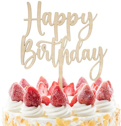 J&M DECO Torten Topper Holz Happy Birthday 15x20 cm – Tortenstecker 4 mm dick – nachhaltige Tortendeko Geburtstag – rustikale Kuchendekoration Kinder & Erwachsene – wiederverwendbar & handgemacht