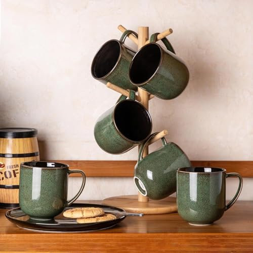 LeRatio Stoneware Coffee Mugs Set of 6, 350 ml Coffee Cups with Large Handle for Latte, Cappuccino, Milk,Cocoa, Dishwasher Safe Mug Sets,Jade Green