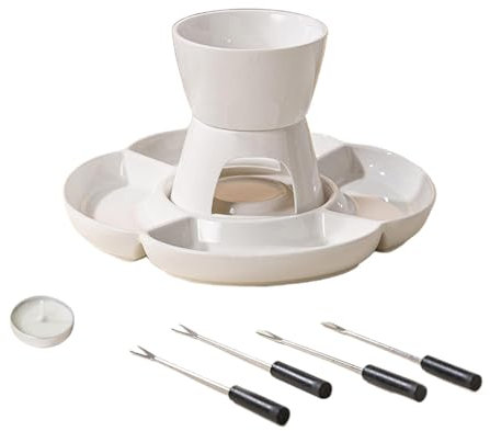 Fondue Maker Set, Ceramic Fondue Pot, Interactive Serving Tray, Candle Heated Melting Bowl, Includes Forks & Stand (Elegant Design), for Cheese, 9.96x9.96x4.72 Inches