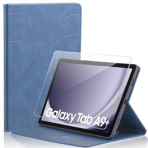 Ysjisy Funda para Samsung Galaxy Tab A9 Plus 11 Pulgadas 2023, Azul PU Cuero Billetera Flip Protectora Carcasa con 1 Piezas Cristal Templado Protector de Pantalla para Samsung Galaxy Tab A9 Plus