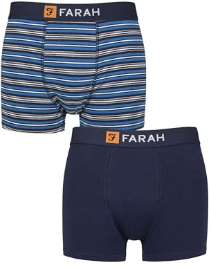 Farah Men’s 2 Pack Cotton Trunks – Classic Fit, Soft Stretch, One Plain One Striped, Supportive Comfortable Underwear for Daily Wear, Sizes S–XL