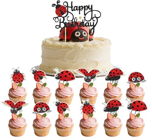 25 Stück Marienkäfer Kuchen Topper Marienkäfer Geburtstag Dekoration Tortendeko Marienkäfer Happy Birthday Cake Topper für Kinder Jungen und Mädchen Geburtstag Party