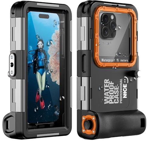 Ezanmull Underwater Diving Phone Case for iPhone 17/16/15/14/13/12/11 Pro Max/XR/XS & More, Professional Protection [15m/50ft], Waterproof Case for Snorkeling, Surfing, Photos & Videos (Black/Orange)