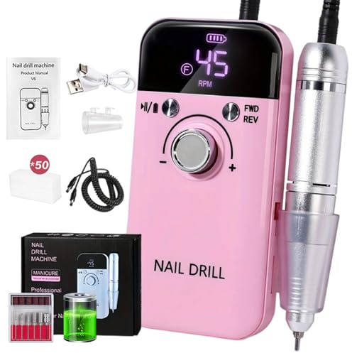 Nail Drill 45000 RPM Professional & at Home, V6 Electric Nail File with 6 Attachments, Smart Display, 2000mAh Battery, USB-C Charging, Ultra Quiet & Low Vibration for Gel Polish Removal, Manicure
