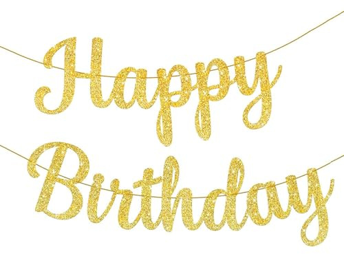 Gold Happy Birthday Banner, Glitter Happy Birthday Banners Bunting Gold Birthdays Garland Sign Decorations for Party Decoration