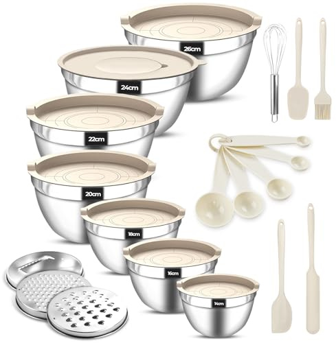 Ecofocet Set da 7 Ciotole in Acciaio Inox con Coperchio, Set Ciotole Cucina Impilabili, incl. Grattugie & Accessori da Cucina, Ciotola Insalata per Mescolare Preparare Cuocere e Conservare (Ø14-26 cm)