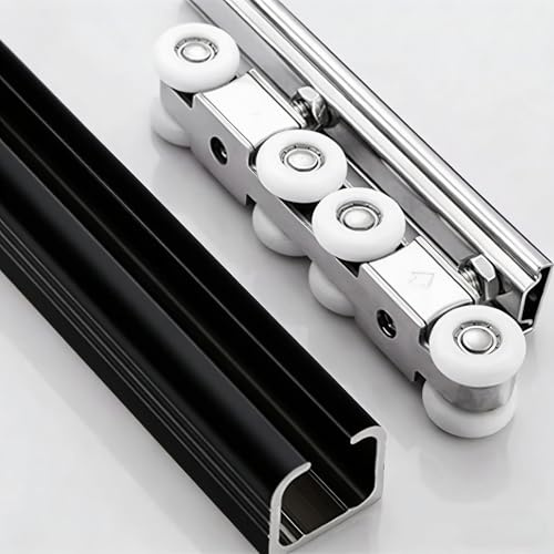 2 3 4 5 6 7 FT Heavy Duty Sliding Double Barn Door Hardware Track Kit Exterior, Hidden Flexible Pocket Door Rail Hardware Set with 8-Wheels Hangers,(Silver,56in/142.2cm)