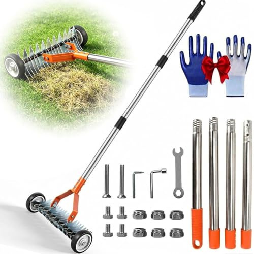 Scarificateur Manuel, Râteau À Gazon Professionnel avec Roues, Amovible,réglable, Aérateur De Jardin Réglable avec Lames en Acier Au Carbone, pour Enlever Mousse Et Herbe Morte (Orange)