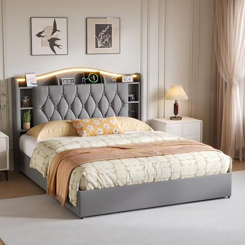 FOERPL Letto imbottito 160 x 200 cm, con vano portaoggetti e LED, telaio imbottito letto matrimoniale 160 x 200 cm, con LED e USB, letto idraulico, letto a molle, in velluto, senza materasso