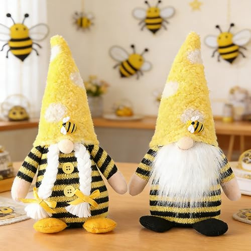Skeadex Biene Wichtel Frühling, 2 Stück Frühlingdeko Wichtel Figuren, Bienen Deko Plüsch Frühlingswichtel Sommer Deko Zwerg Figuren Tischdeko Frühling Sommerwichtel für Home Küche Muttertag (C)