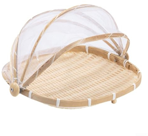 Storage Basket with Mesh Cover, Woven Fruit Vegetable Drying Tray for Kitchen Counter, Picnic & Farm Use, Handcrafted Organizer Bin(M)