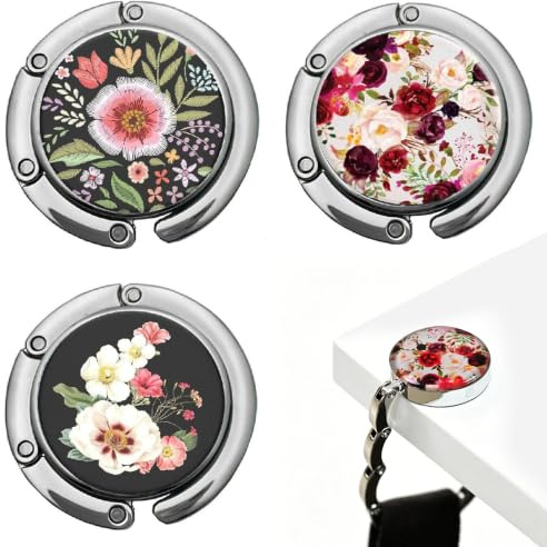 Zirax 3 PCS Handbag Hooks for Tables, Foldable Round Purse Hook with Flower Pattern, Portable Table Bag Holder, Lightweight Folding Hanger for Desk Office Restaurant Travel