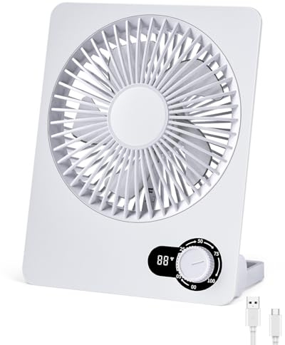 Foumteex Tischventilator,Leise Ventilator Akku 3600mAh 180°Einstellbar Tragbarer LED Anzeige Fan Für Büro Bibliothek Reise USB-Aufladung
