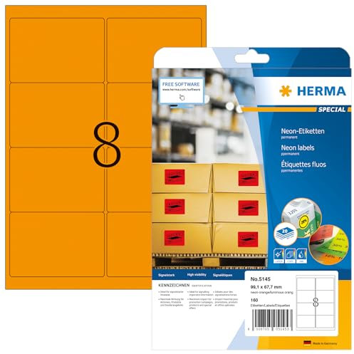 HERMA 5145 Farbige Etiketten neon orange, 640 Blatt, 99,1 x 67,7 mm, 8 pro A4 Bogen, 5120 Stück, selbstklebend, bedruckbar, matt, blanko Papier Neon-Etiketten Farbaufkleber