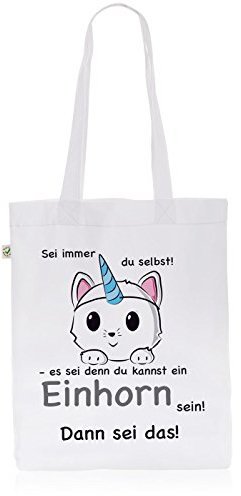 style3 Sei Immer du selbst Einhorn Biobaumwolle Beutel Jutebeutel Tasche Tote Bag Katze Unicorn Kätzchen, Farbe:Weiß