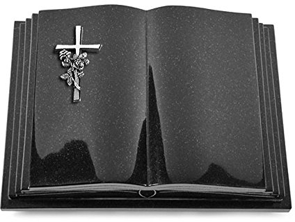 Grabbuch, Grabplatte, Grabstein, Grabkissen, Urnengrabstein, Liegegrabstein Modell Livre Pagina 40 x 30 x 8-9 cm Indisch-Black-Granit, poliert inkl. Gravur (Aluminium-Ornament Kreuz/Rose)