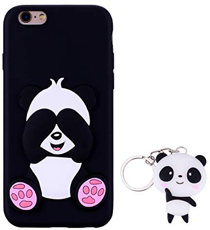 HopMore Silikon 3D Panda für iPhone 6S / 6 (4.7 inch) Hülle Kawaii Muster Ultra Dünn Schutzhülle iPhone 6 6S Handyhülle Stoßfest Silikonhülle Slim Bumper Design Case Cover mit Schlüsselbund - Schwarz